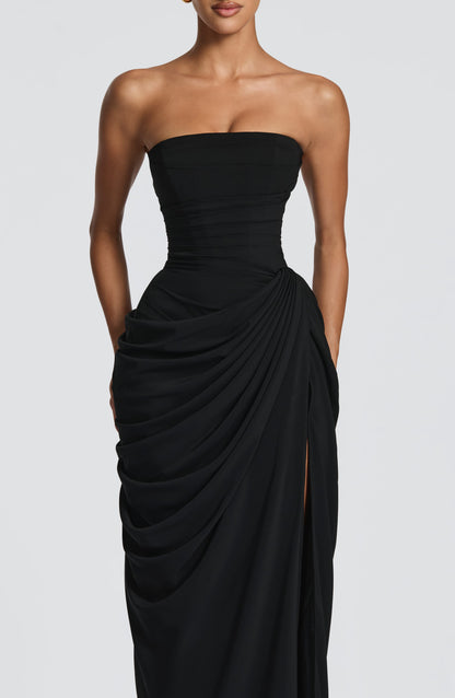 Cleona Black Dress with Strapless Neck and Draped Slit