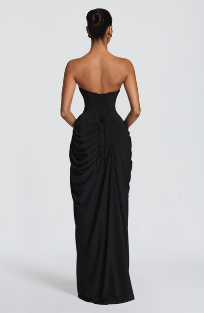 Cleona Black Dress with Strapless Neck and Draped Slit