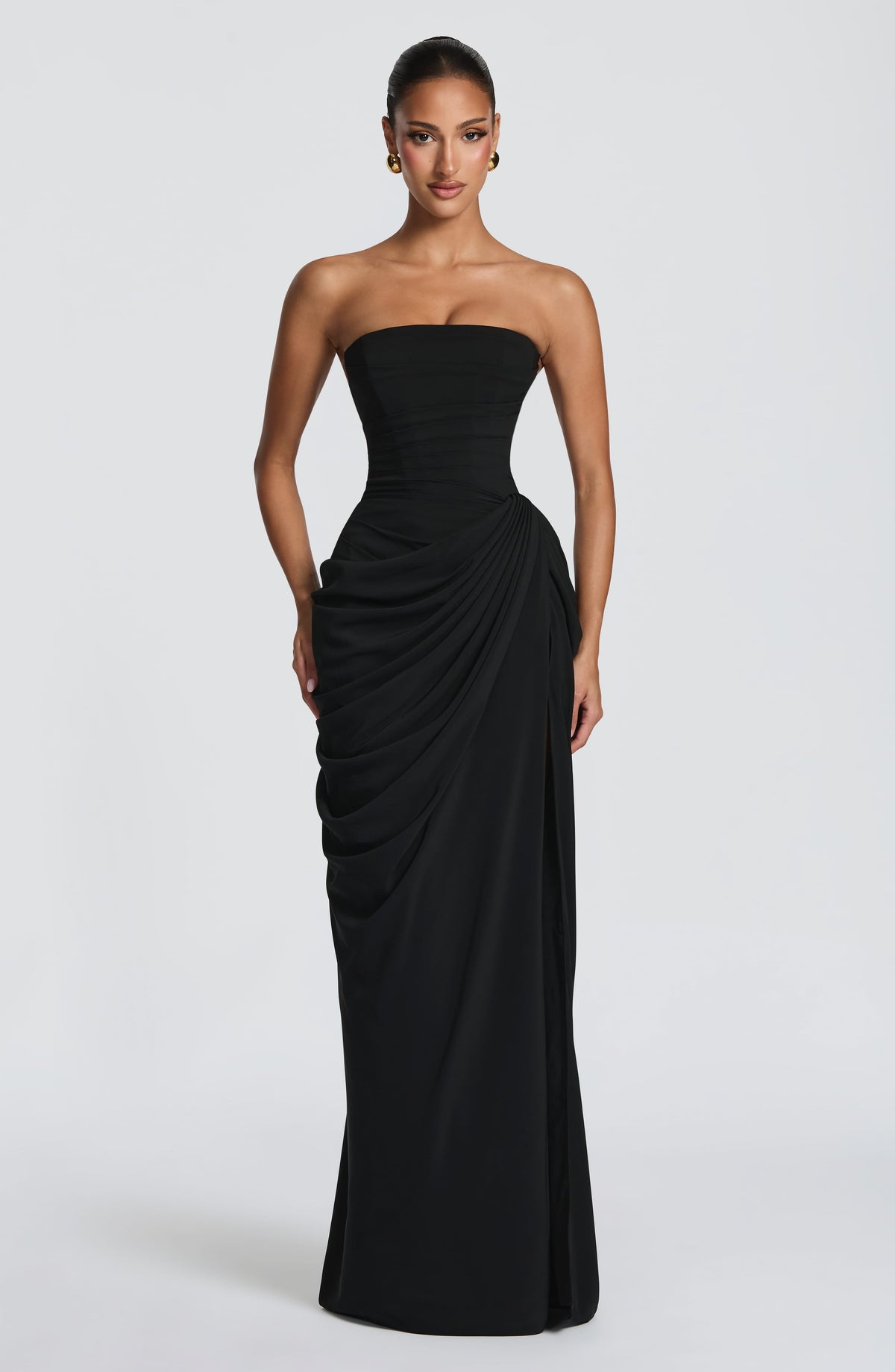 Cleona Black Dress with Strapless Neck and Draped Slit