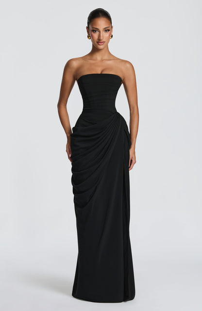Cleona Black Dress with Strapless Neck and Draped Slit