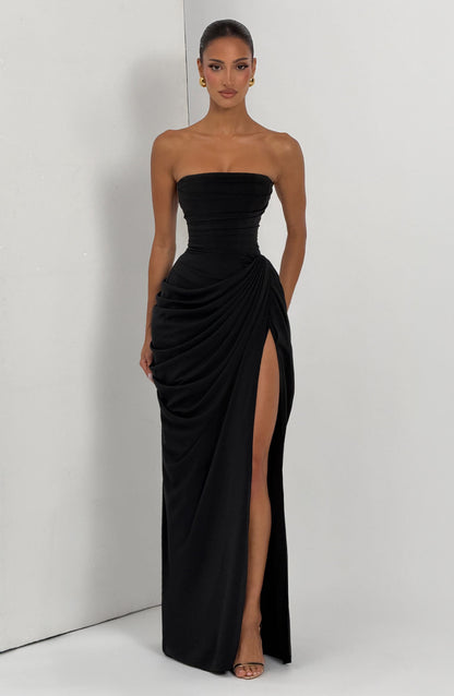 Cleona Black Dress with Strapless Neck and Draped Slit