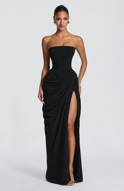 Cleona Black Dress with Strapless Neck and Draped Slit