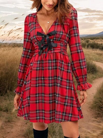 Yseult Red Dress with Tartan Check and Tie Front