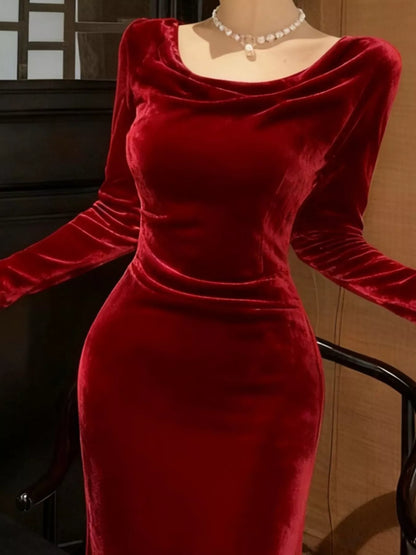 Isolde Velvet Dress with Cowl Neck and Long Sleeves