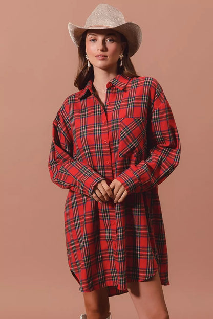 Laurel Red Dress with Tartan Check and Shirt Collar