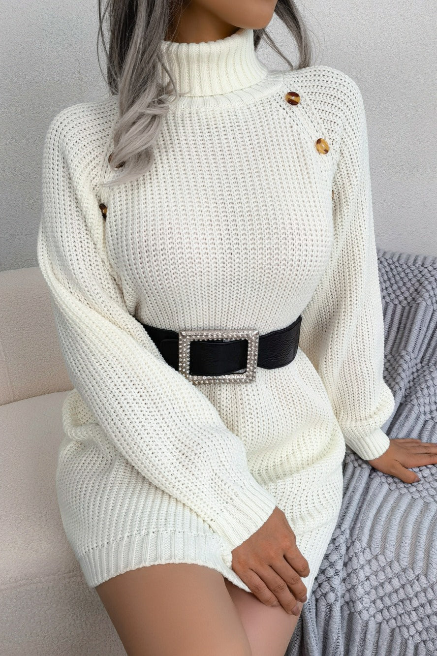 Hedda Sweater Dress with Belted Waist and Shoulder Buttons