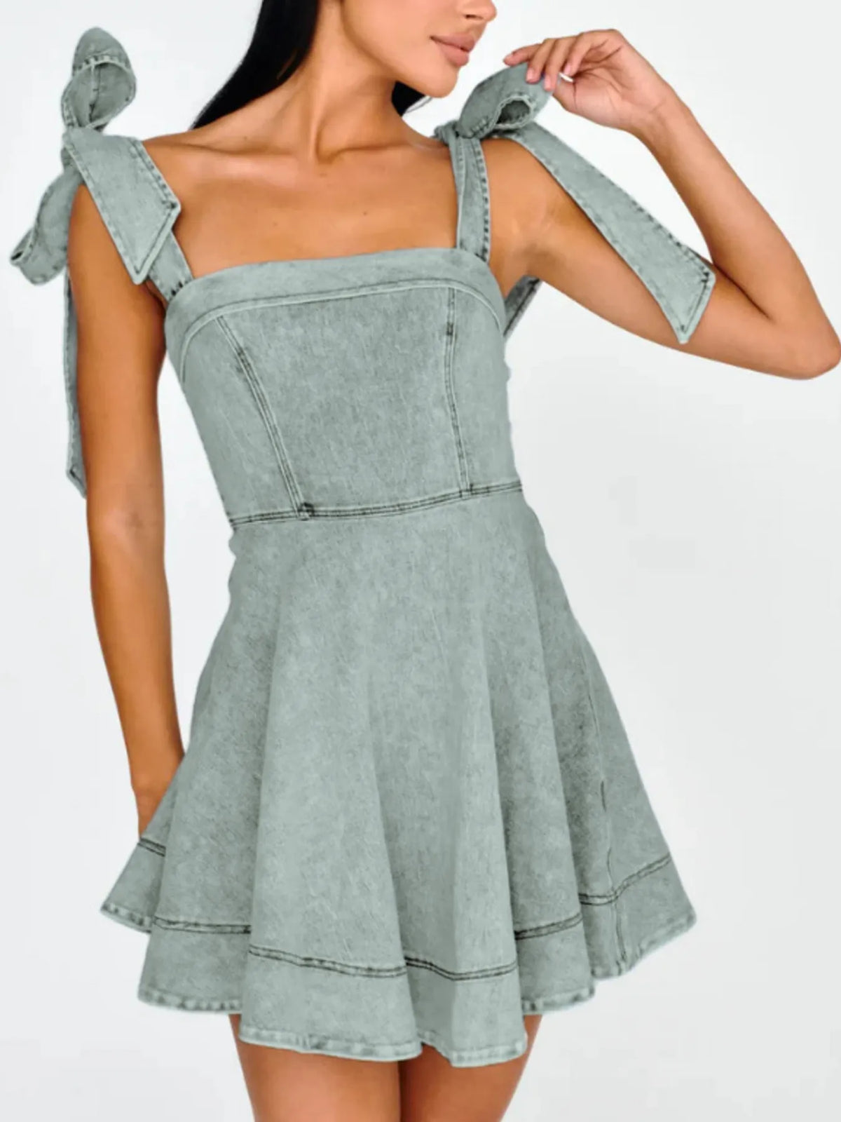 Leilani Bow-Shoulder Square Neck Denim Mini Dress