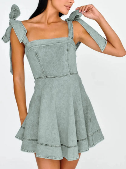 Leilani Bow-Shoulder Square Neck Denim Mini Dress