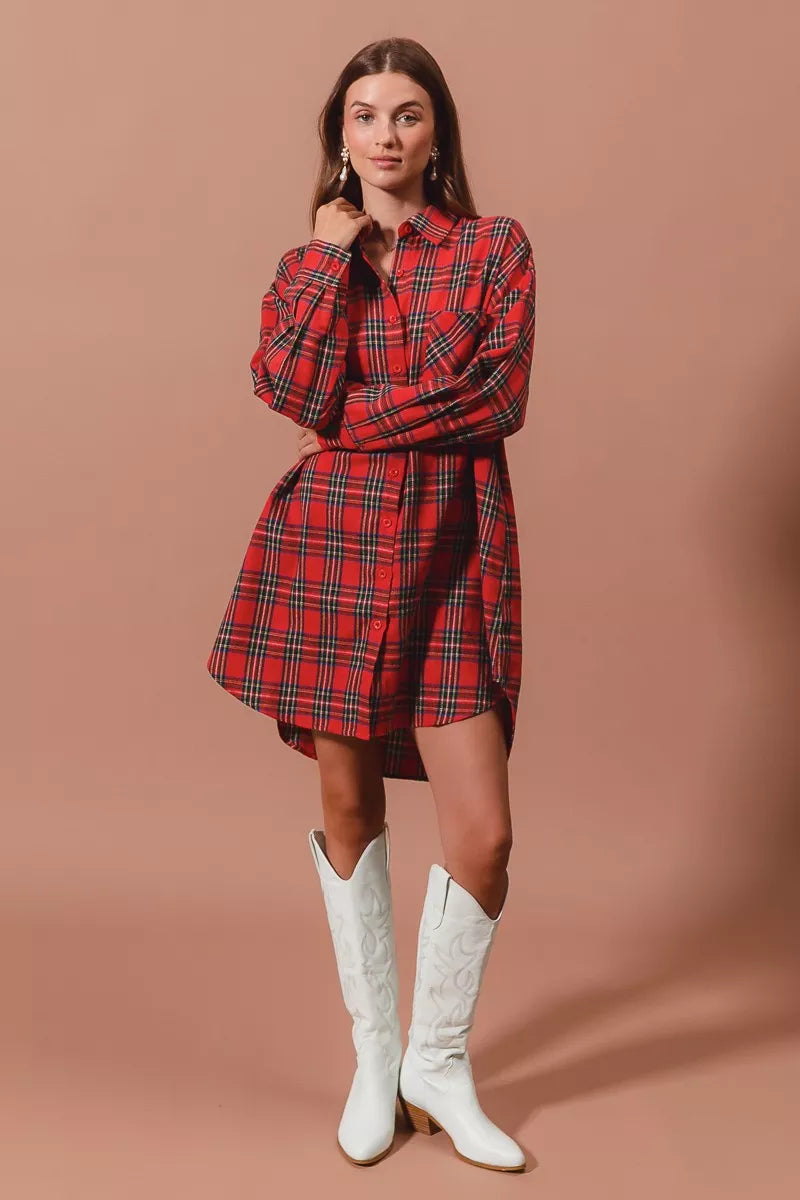 Laurel Red Dress with Tartan Check and Shirt Collar