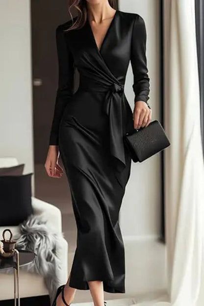 Kalina Satin Long Sleeve Midi Dress