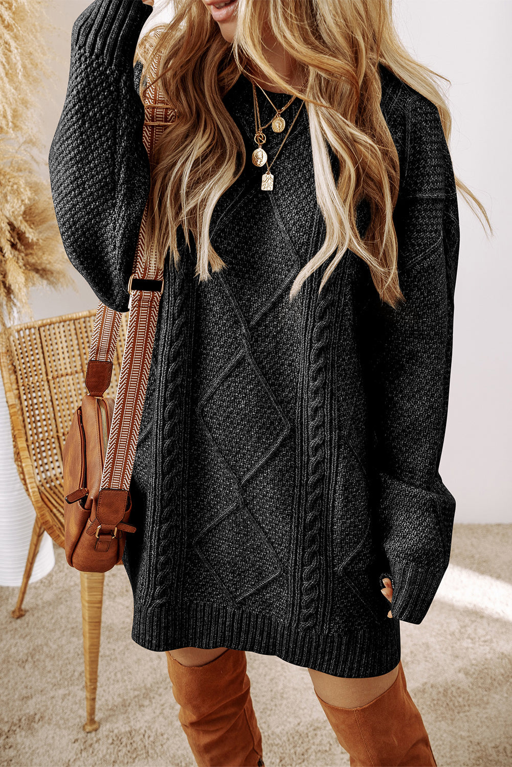 Wilma Sweater Dress with Drop Shoulders and Cable Knit