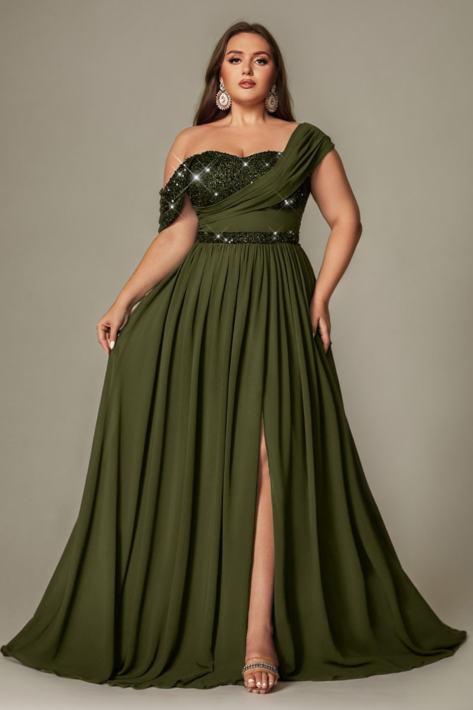 Ottilie Sequin Dress with Off-Shoulder Neck and Side Slit