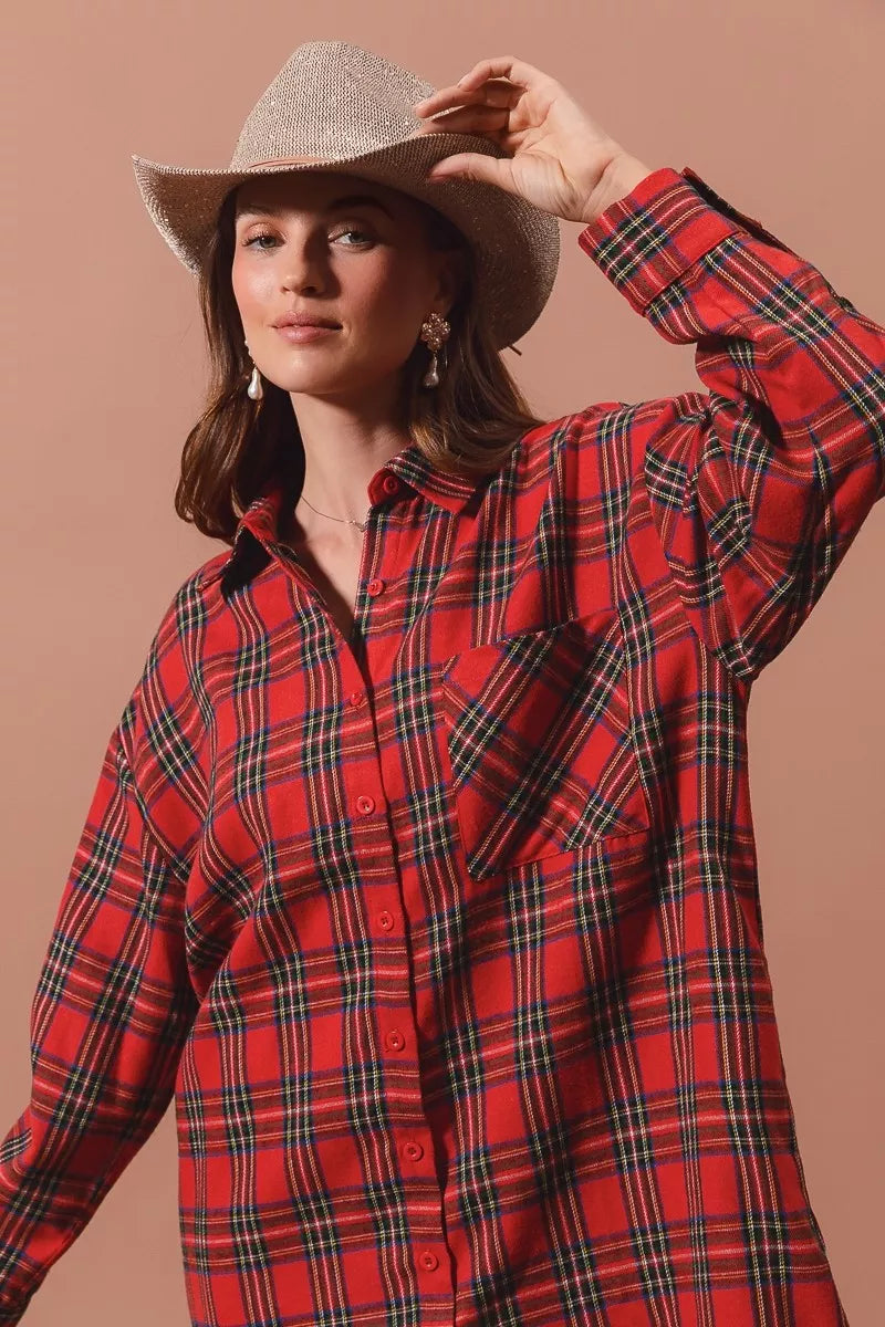 Laurel Red Dress with Tartan Check and Shirt Collar