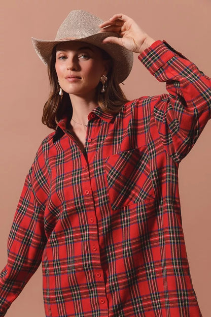 Laurel Red Dress with Tartan Check and Shirt Collar