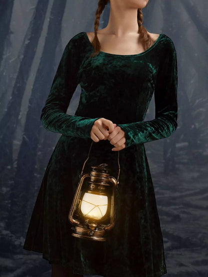 Liesel Velvet Dress with Round Neck and Flared Skirt