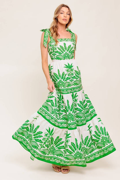 Salome Green Dress with Border Print and Full Skirt