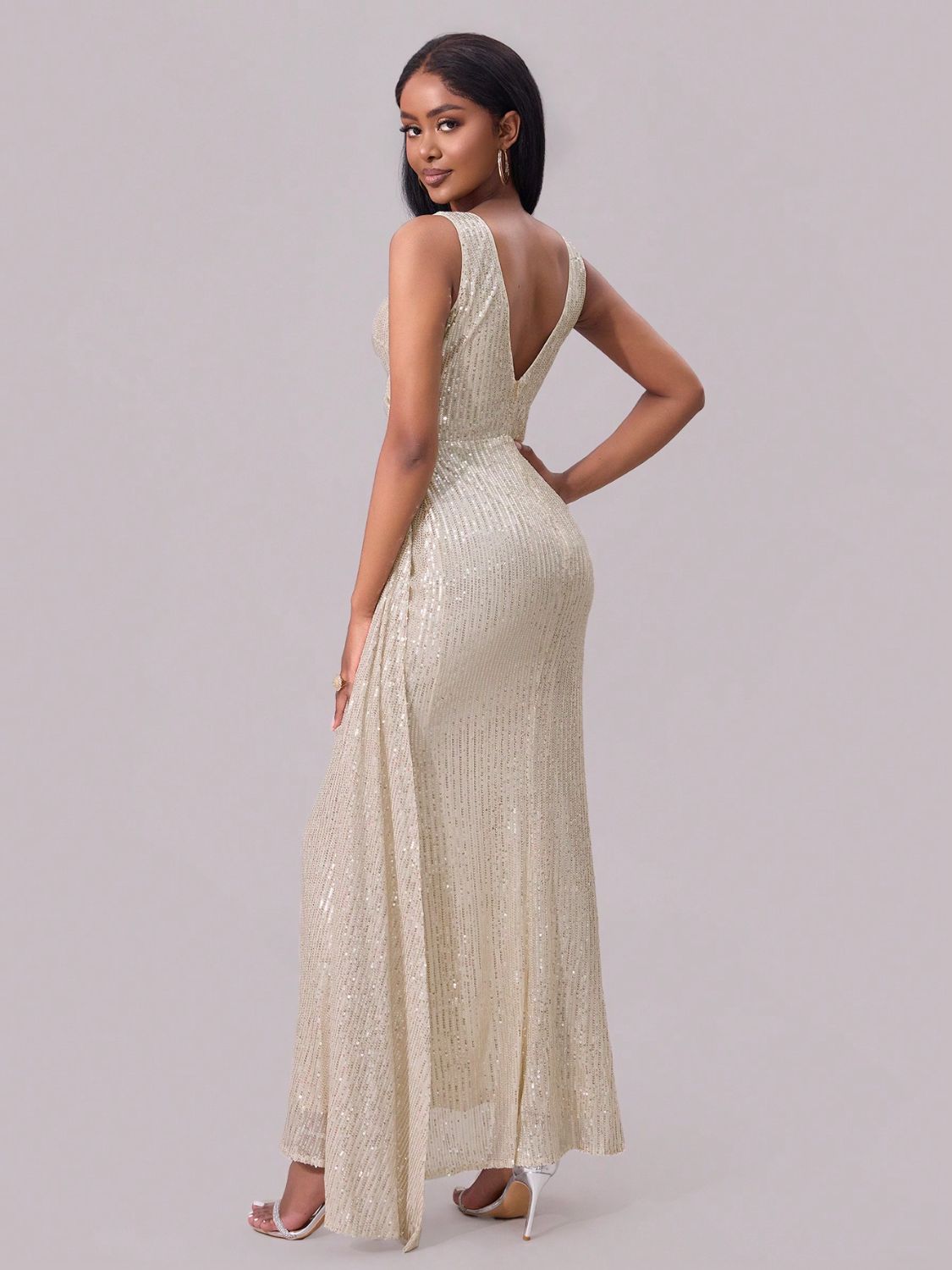 Blanche Sequin Dress with Surplice Neck and High Slit