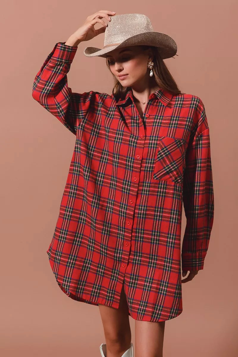 Laurel Red Dress with Tartan Check and Shirt Collar