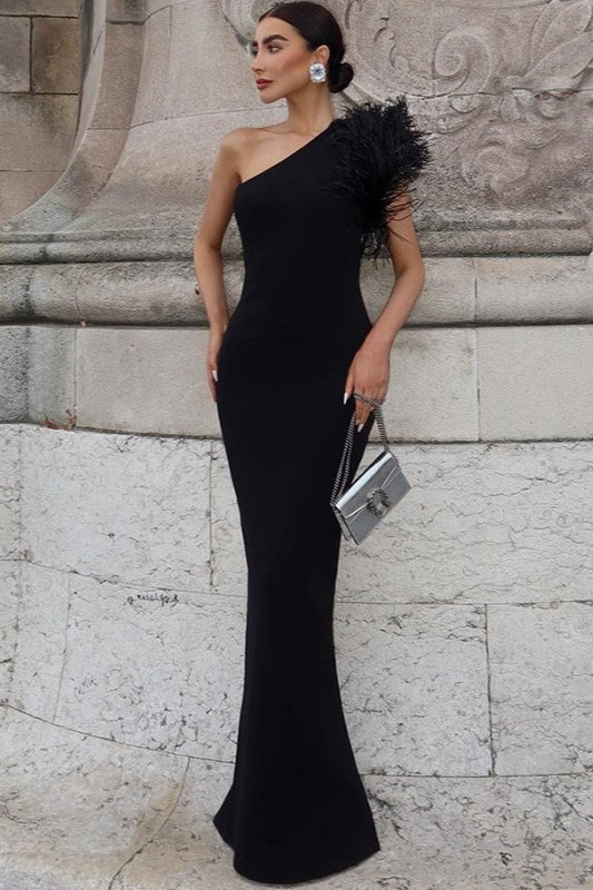 Nadira One Shoulder Feather Dress