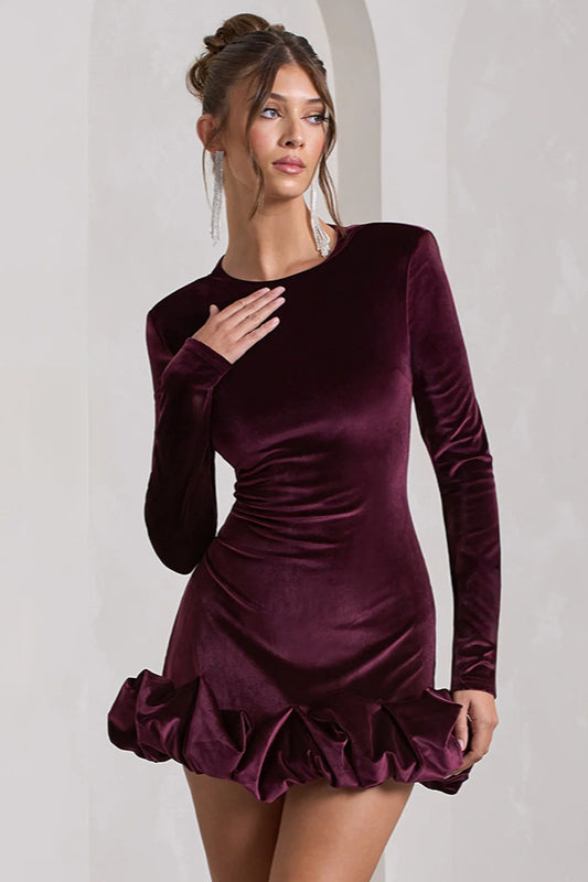 Dahlia Velvet Dress with Long Sleeves and Ruffle Hem