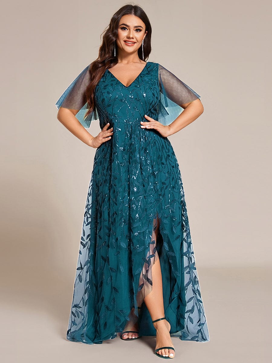 Faustine Sequin Dress with Flutter Sleeves and Front Slit