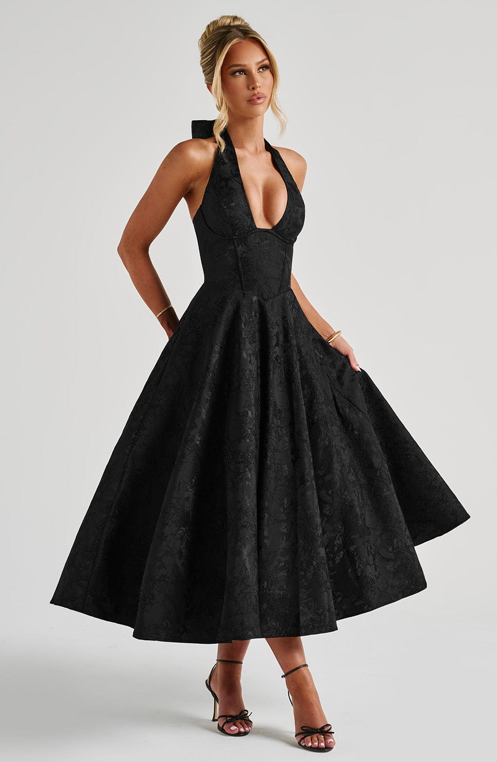 Reese Black Dress with Halter Neck and Full Midi Skirt