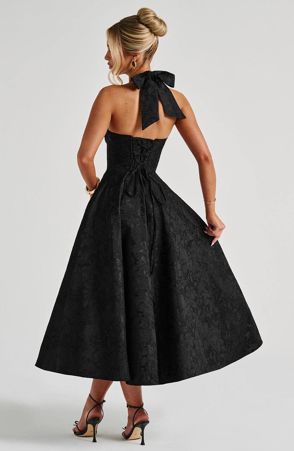 Reese Black Dress with Halter Neck and Full Midi Skirt