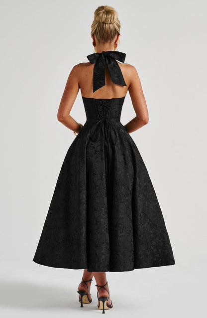 Reese Black Dress with Halter Neck and Full Midi Skirt