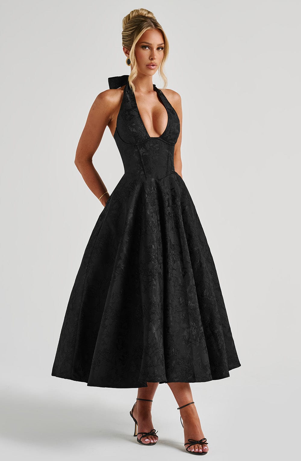 Reese Black Dress with Halter Neck and Full Midi Skirt