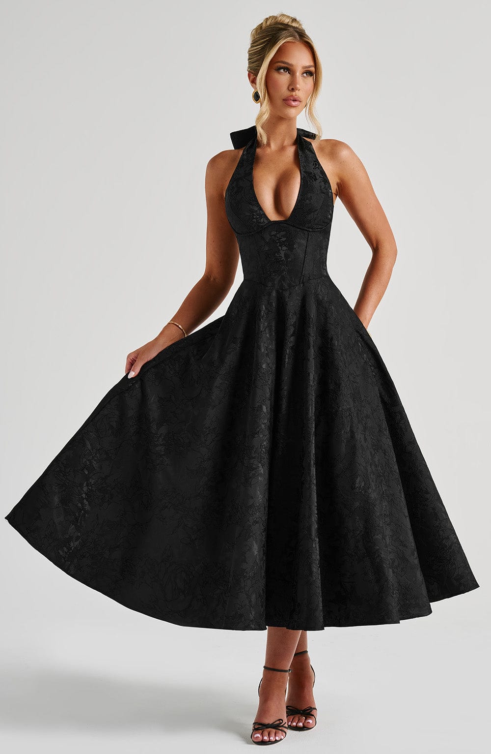 Reese Black Dress with Halter Neck and Full Midi Skirt