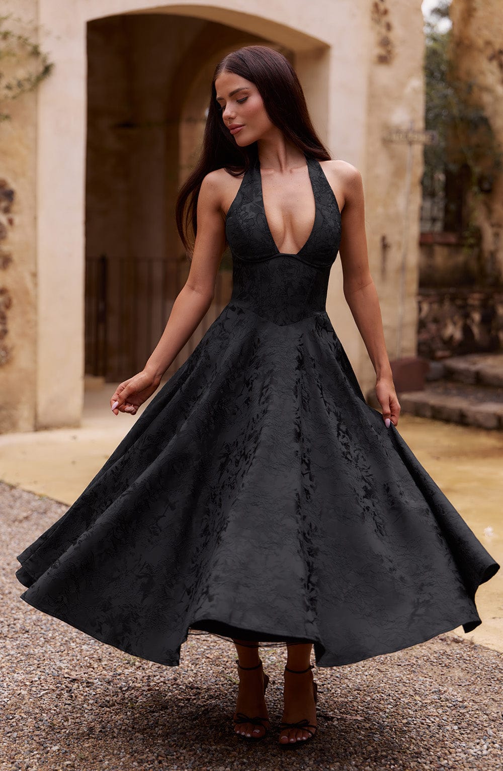 Reese Black Dress with Halter Neck and Full Midi Skirt