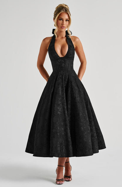 Reese Black Dress with Halter Neck and Full Midi Skirt