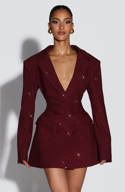 Odile Burgundy Dress with Blazer Collar and Sparkle
