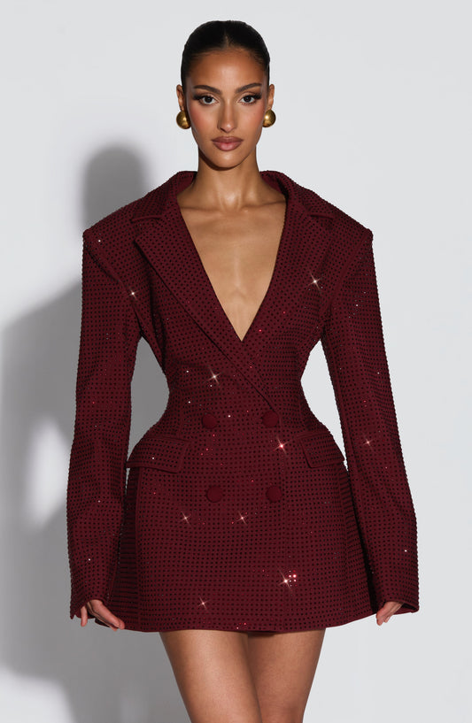 Odile Burgundy Dress with Blazer Collar and Sparkle