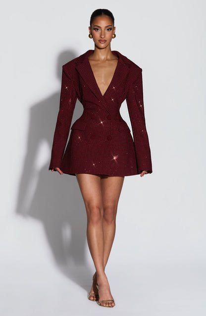 Odile Burgundy Dress with Blazer Collar and Sparkle