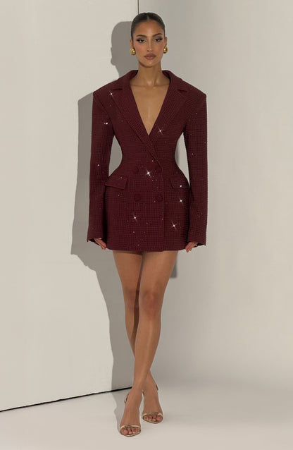 Odile Burgundy Dress with Blazer Collar and Sparkle