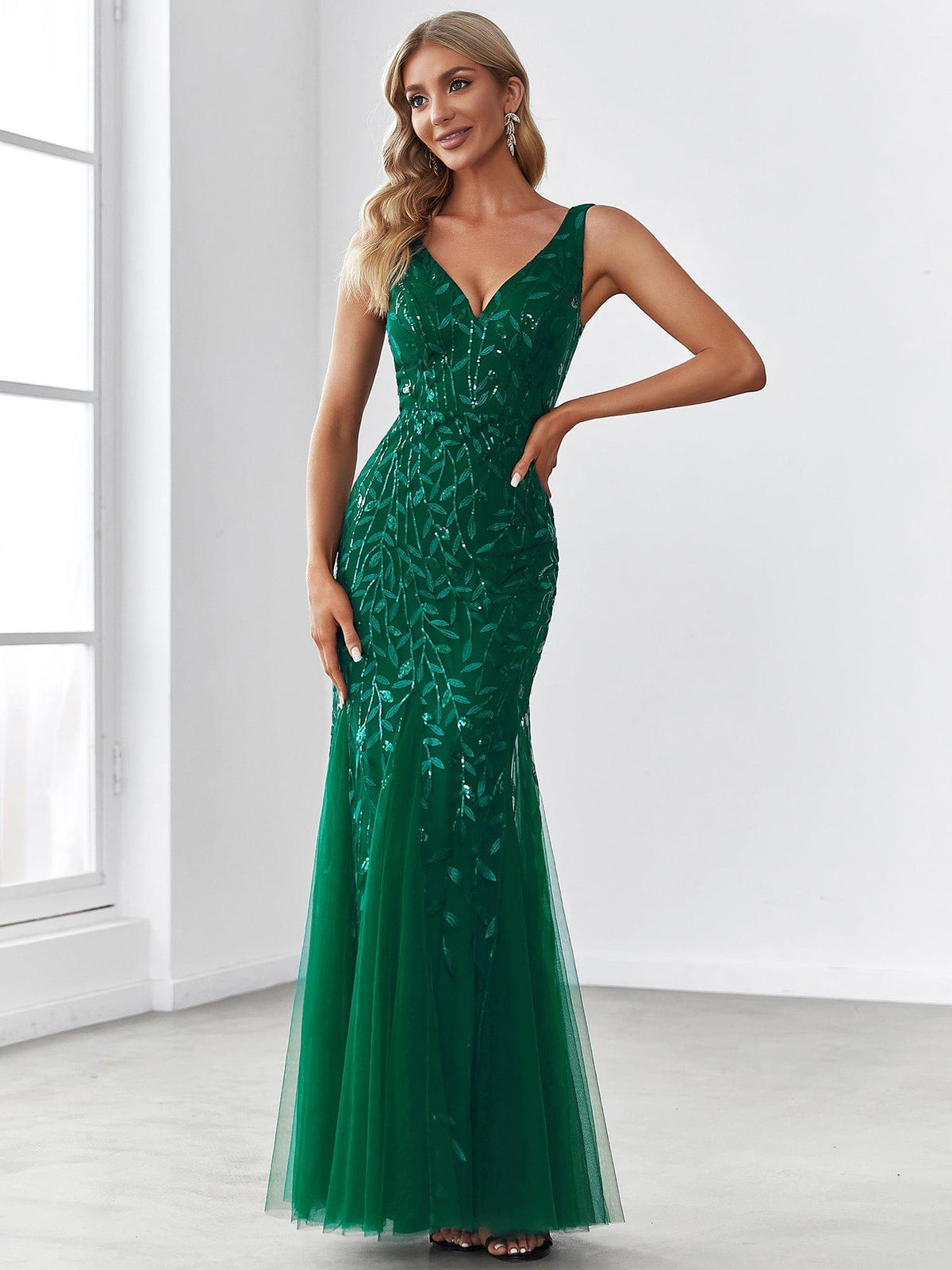 Zaira Sequin Dress with Double V Neck and Fishtail Hem