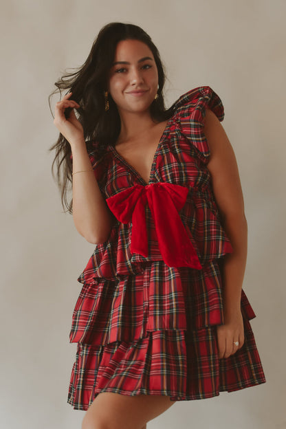 Pascaline Red Dress with Tartan Check and Tiered Ruffles