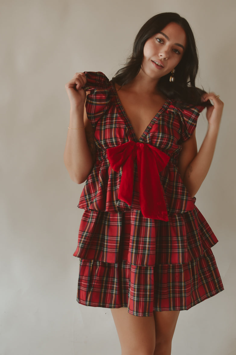Pascaline Red Dress with Tartan Check and Tiered Ruffles