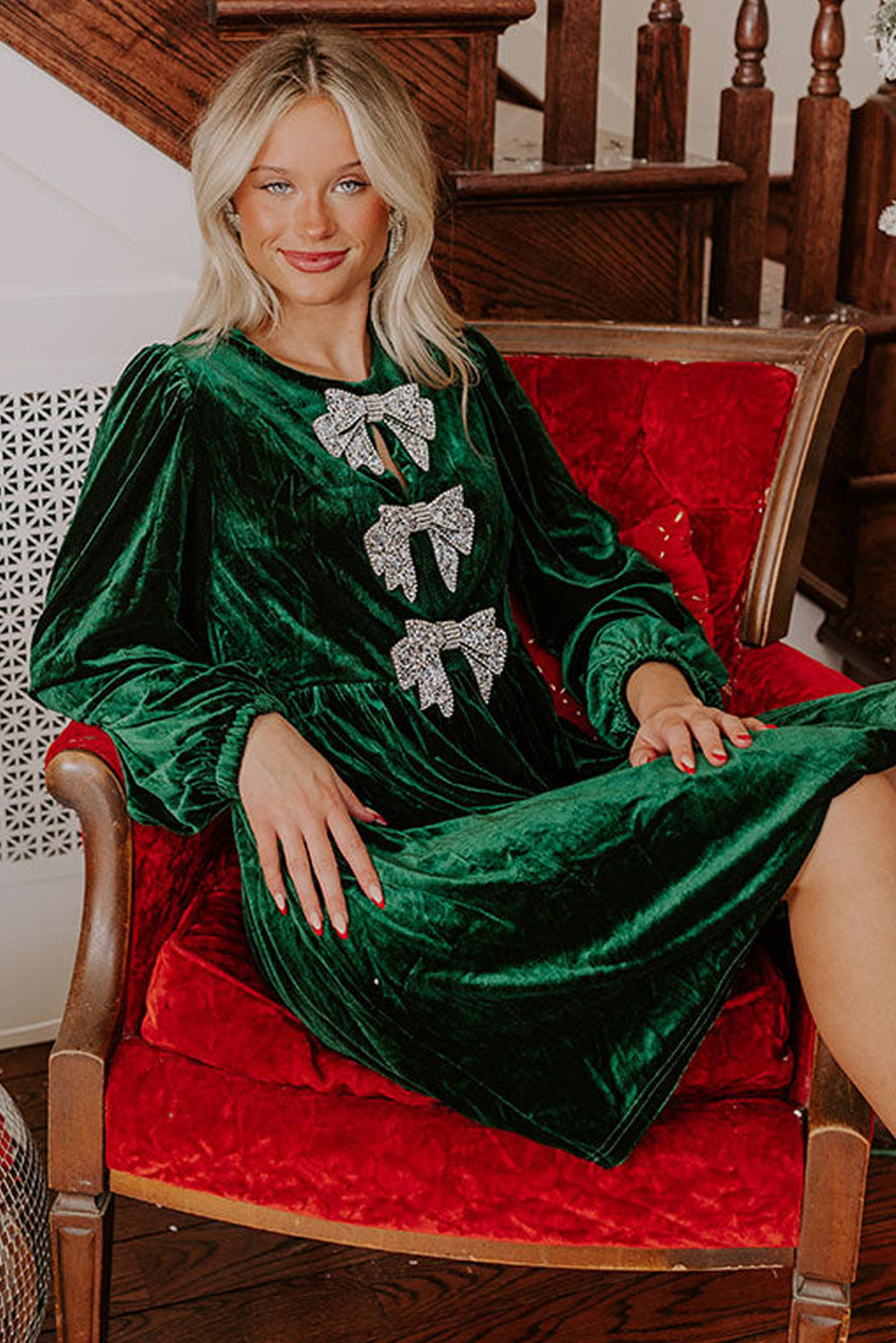 Carys Velvet Dress with Bow Detail and High Waist