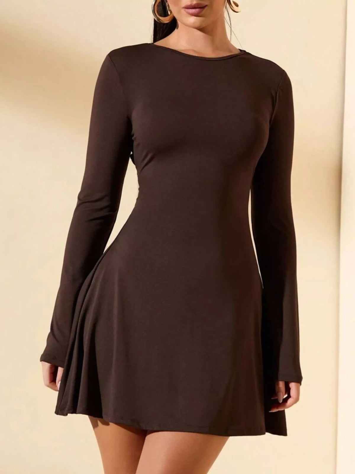 Joss Long Sleeve Mini Dress with Boat Neck and Flared Skirt