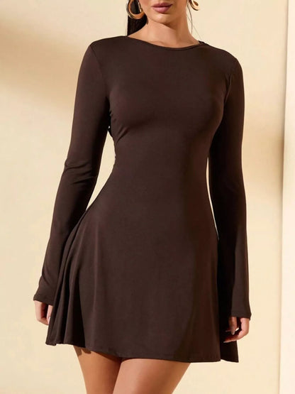 Joss Long Sleeve Mini Dress with Boat Neck and Flared Skirt