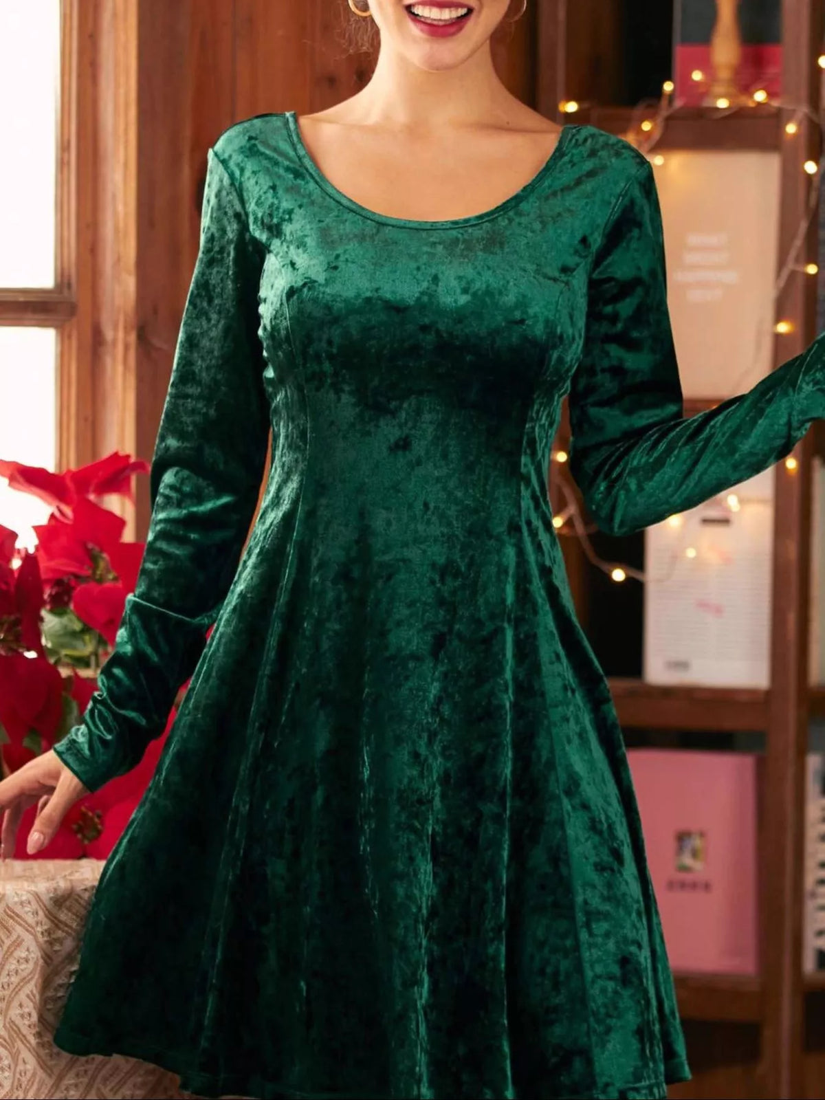 Liesel Velvet Dress with Round Neck and Flared Skirt