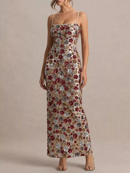 Stefania Sequin Dress with Floral Pattern and High Slit