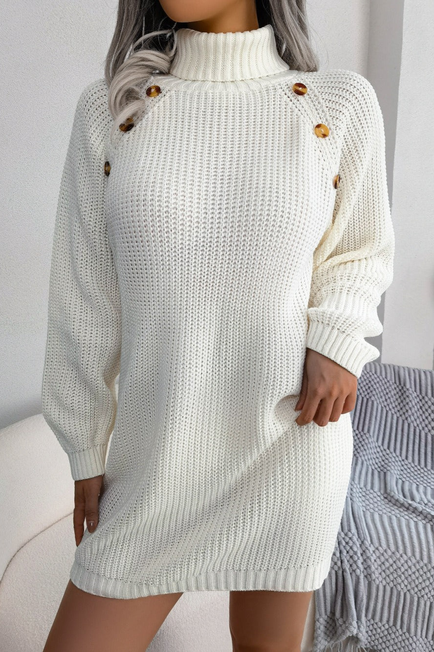 Hedda Sweater Dress with Belted Waist and Shoulder Buttons