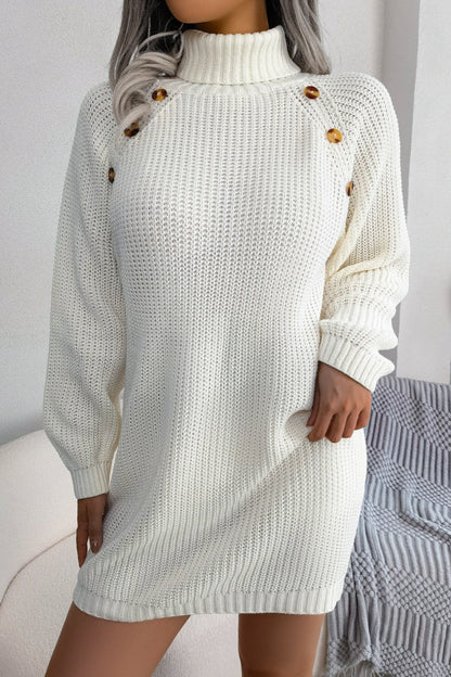 Hedda Sweater Dress with Belted Waist and Shoulder Buttons