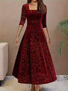 Sable Red Dress with Square Neck and Velvet Burnout