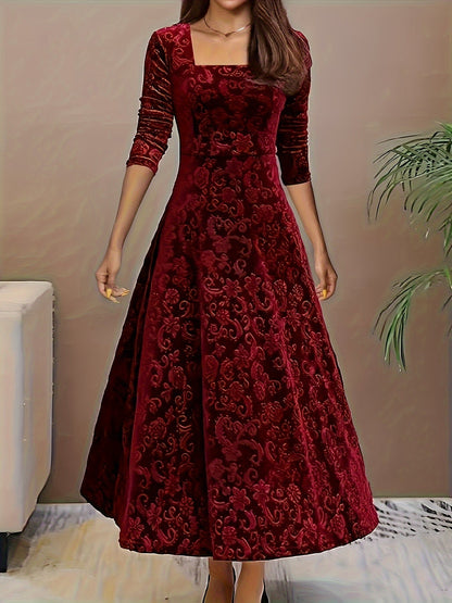 Sable Red Dress with Square Neck and Velvet Burnout