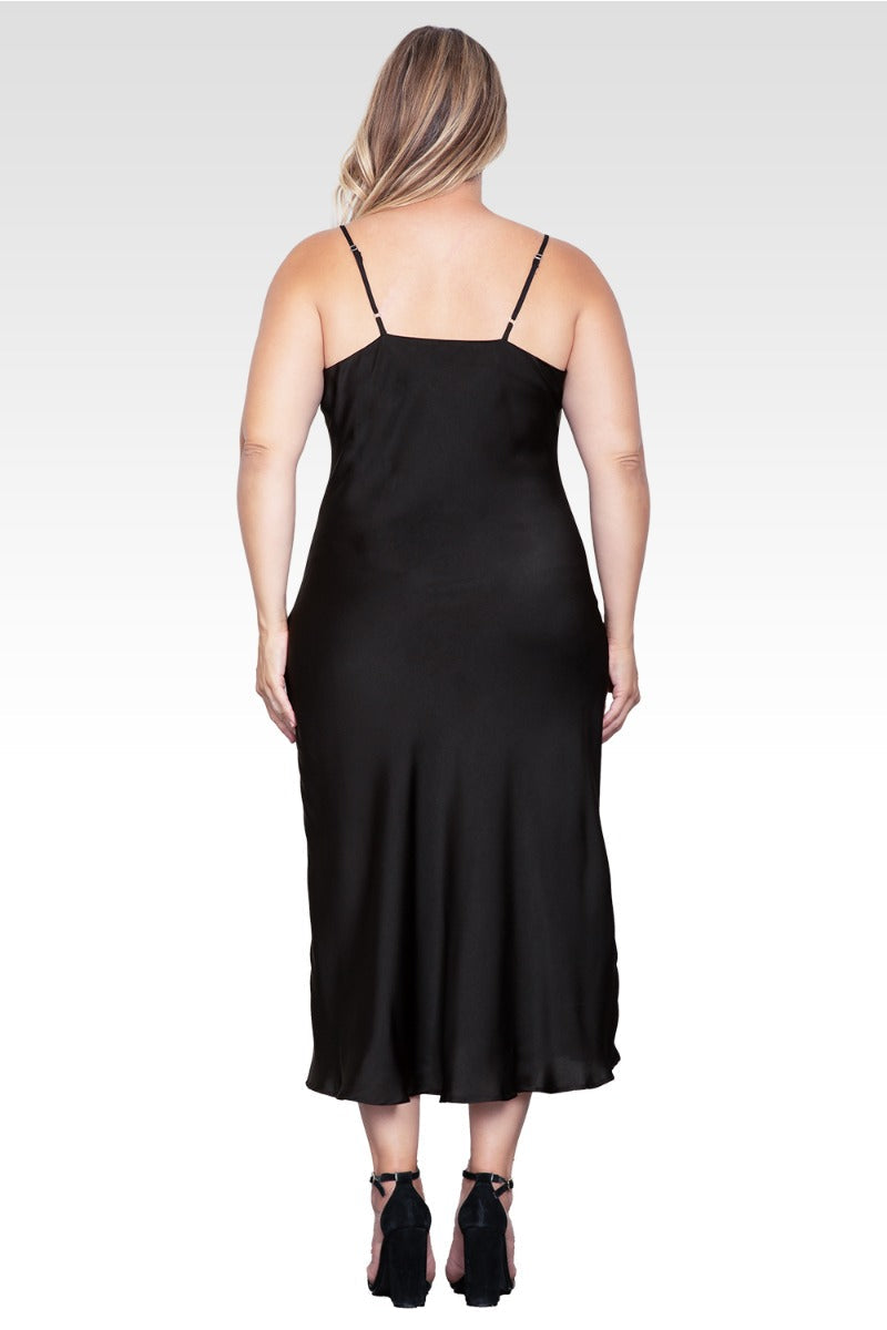 Diane Black Dress with Cowl Neck and Satin Slip Cut