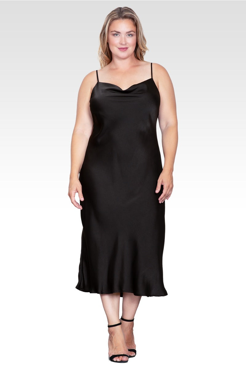 Diane Black Dress with Cowl Neck and Satin Slip Cut